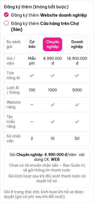 Bước 2: Đăng ký & duyệt: hội viên, cửa hàng trên Chợ, website doanh nghiệp