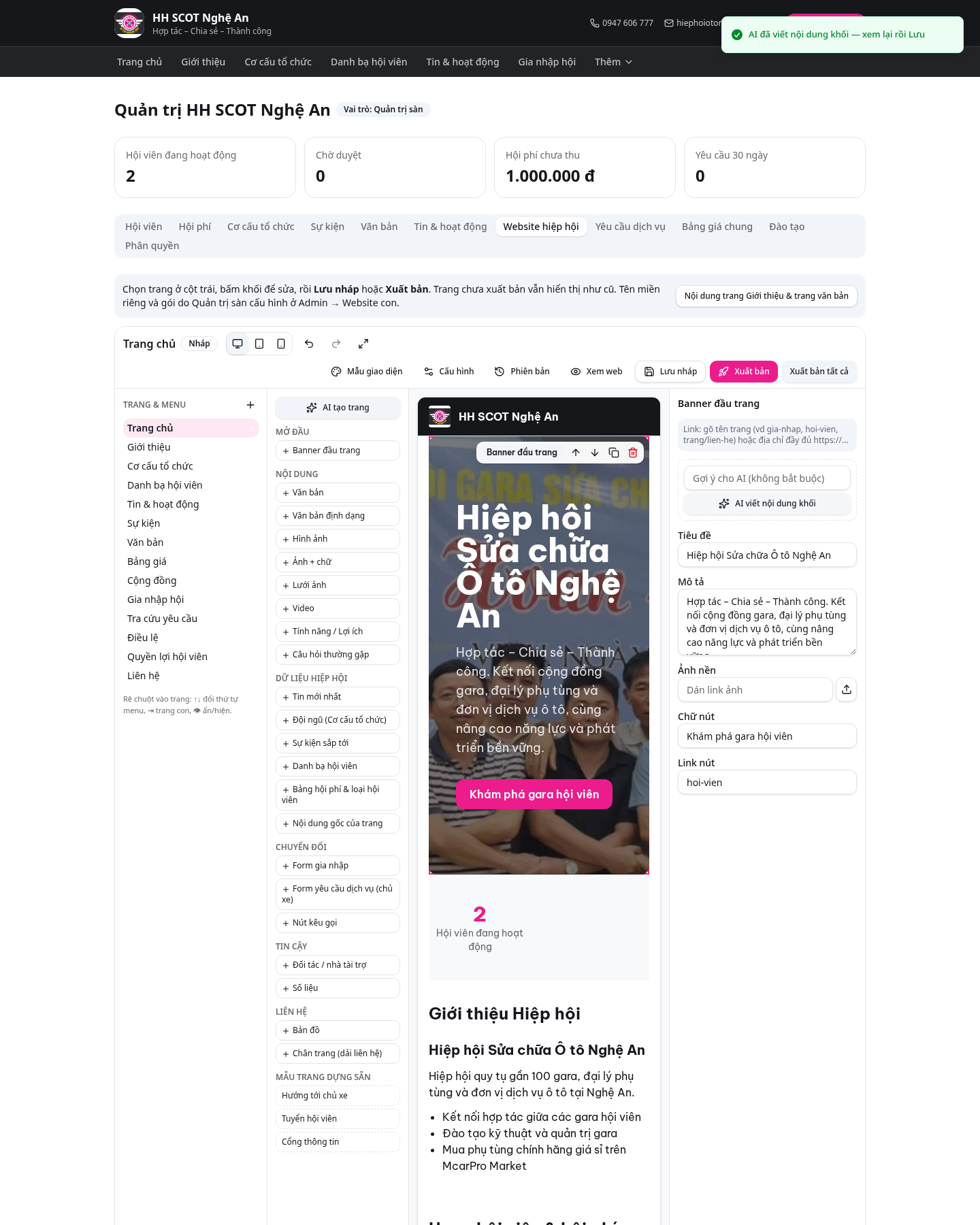 Bước 2: Website hiệp hội: trang & menu, khối kéo-thả, AI, xuất bản, SEO và cấu hình