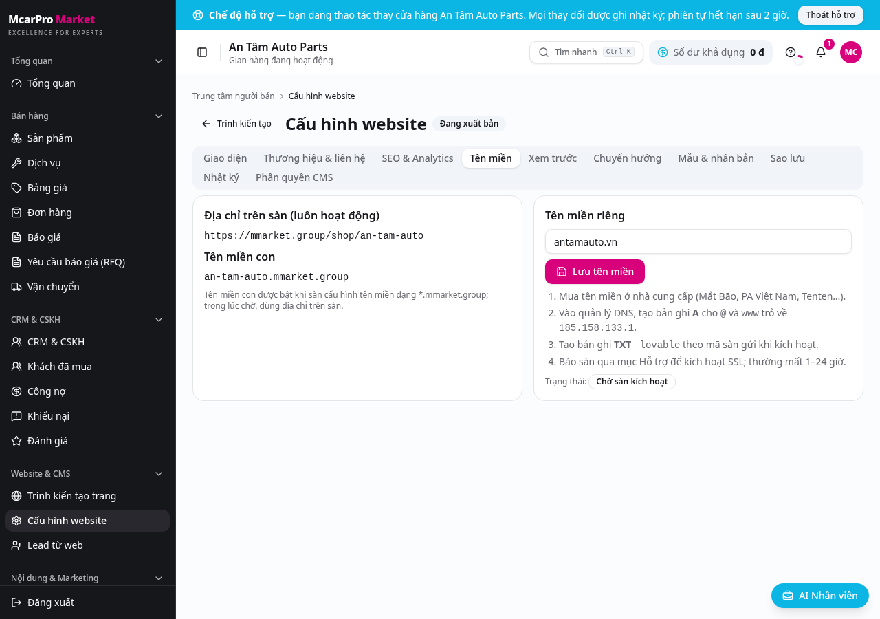 Bước 1: Gắn tên miền riêng cho website cửa hàng